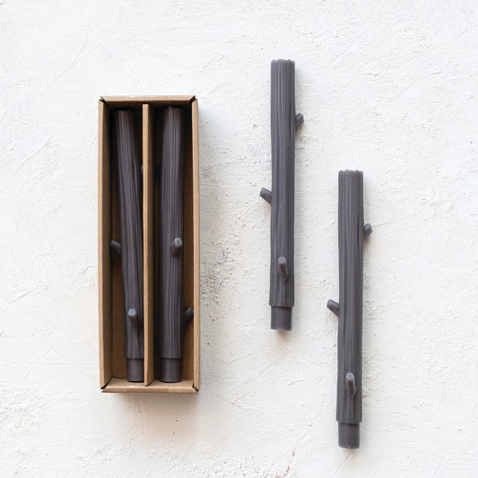Unscented Twig Shaped Taper Candles, Charcoal Color, Set of 2